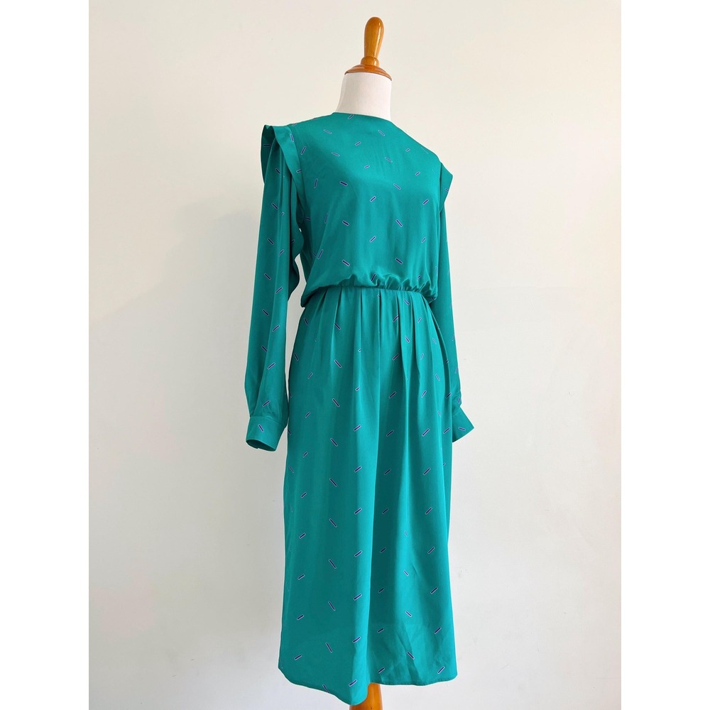 Vintage 80s Teal Silk Midi Dress Button Back Maggy London Jeannene Booher 4 XS S